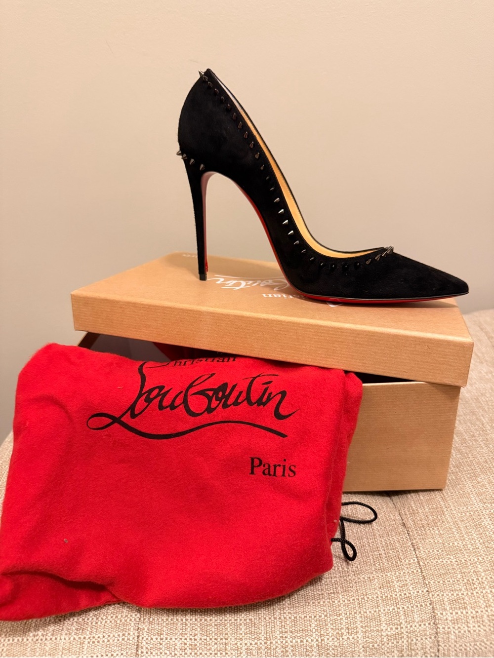 Christian Louboutin Black Suede Studded Stiletto Pump with Red Sole